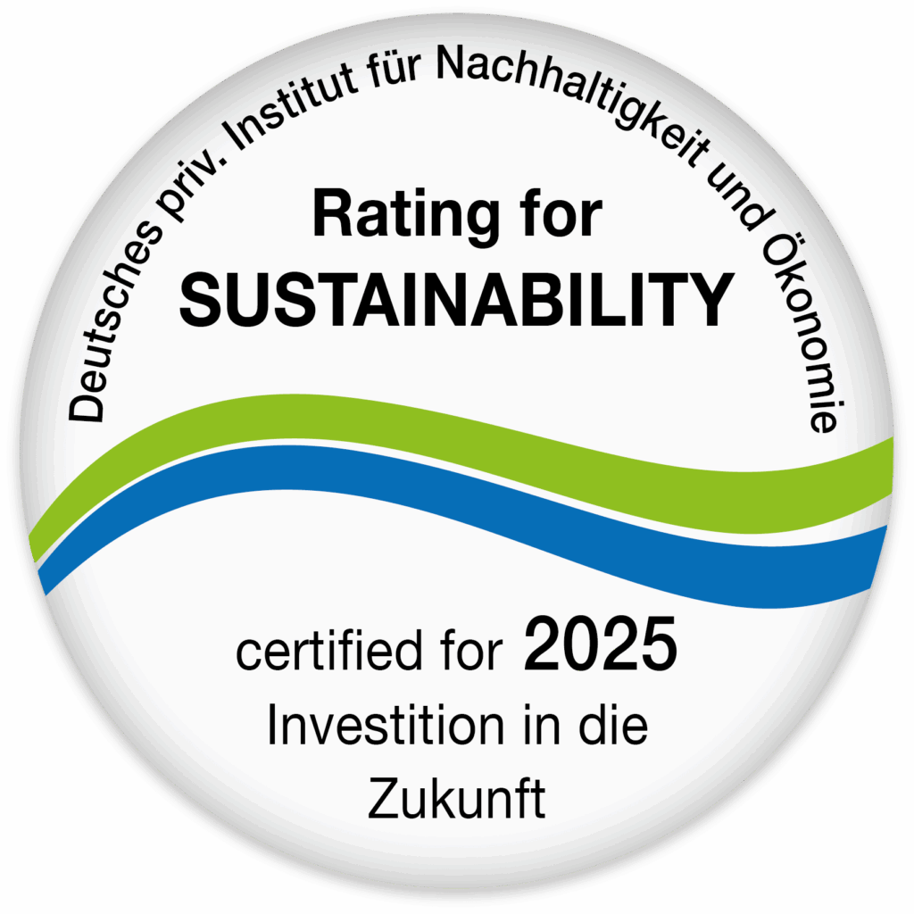 Siegel für Neodigital Versicherung AG: Deutsches privates Institut für Nachhaltigkeit und Ökonimie: Rating for Sustainability, certified for 2025. Investition in die Zukunft